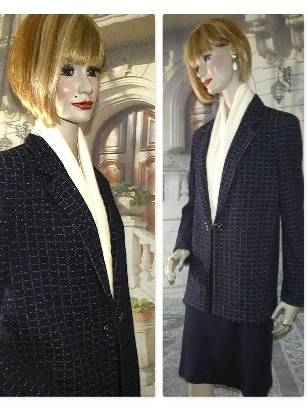 St. John Suit Sz 12 Dark Blue White Embroidered Squares Silk Lined Jkt Front